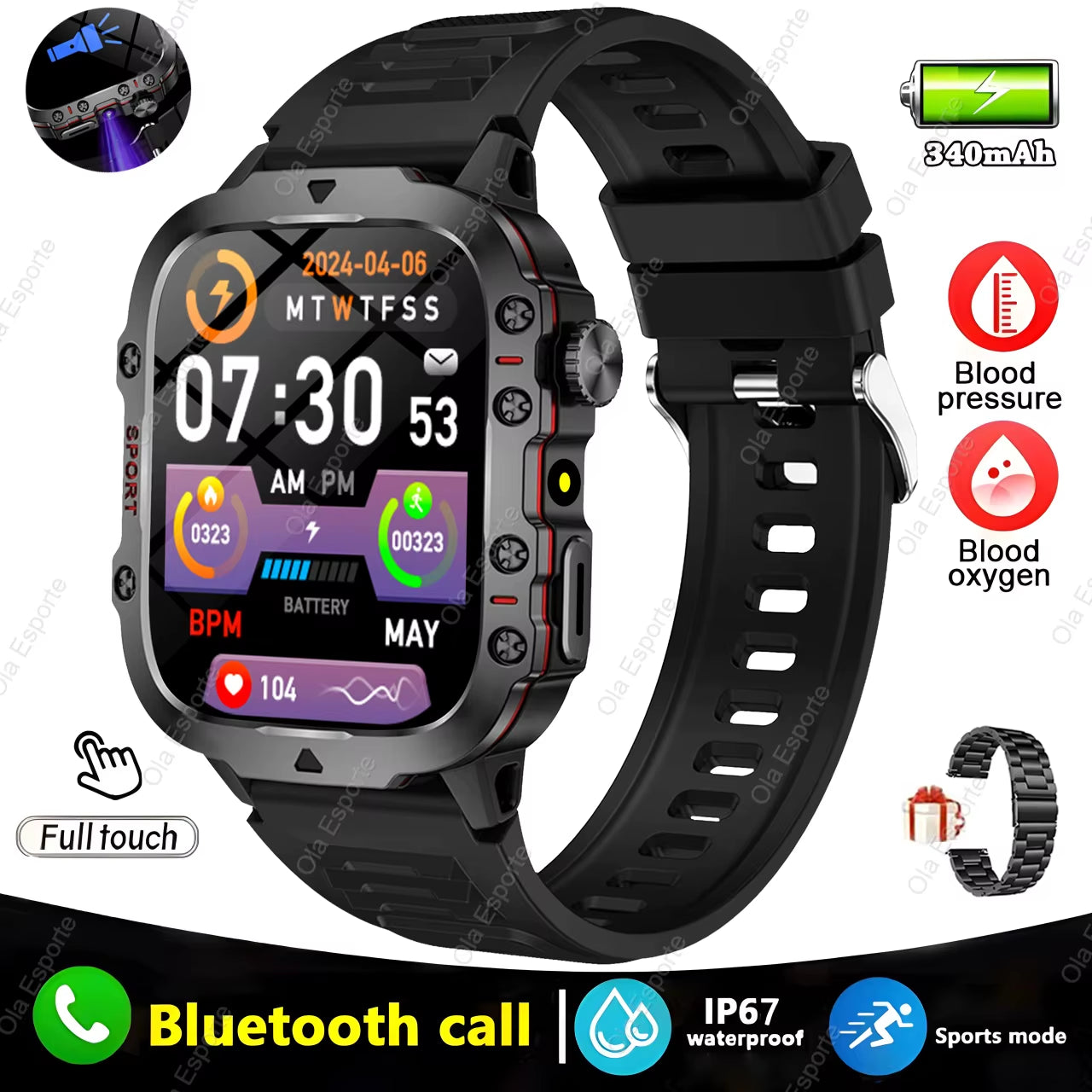 Men's Smartwatch with Flashlight, Bluetooth Calling, Fitness Tracking, IP68 Waterproof, Compatible with Android & iOS - 2025 Model