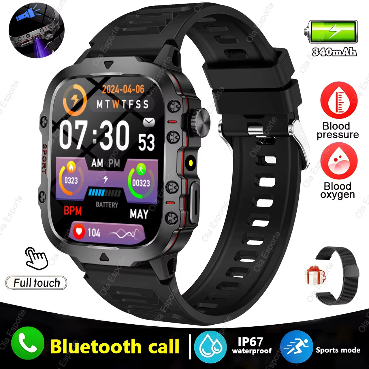 Men's Smartwatch with Flashlight, Bluetooth Calling, Fitness Tracking, IP68 Waterproof, Compatible with Android & iOS - 2025 Model