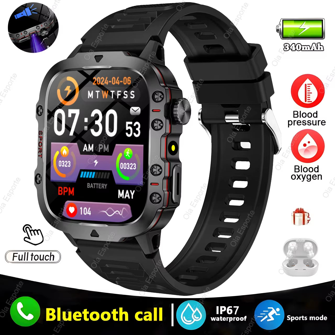 Men's Smartwatch with Flashlight, Bluetooth Calling, Fitness Tracking, IP68 Waterproof, Compatible with Android & iOS - 2025 Model